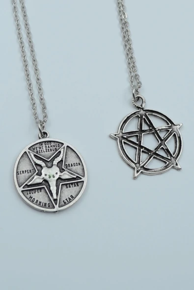 2'li Lucifer Morning Star Pentagram Wicca Gümüş Kaplama Kolye Seti ürün görseli 1