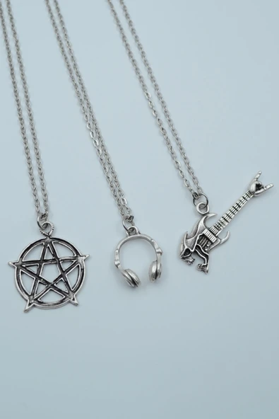 3'lü Pentagram Kuru Kafa Gitar Kulaklık Gümüş Kaplama Kolye Seti ürün görseli 1