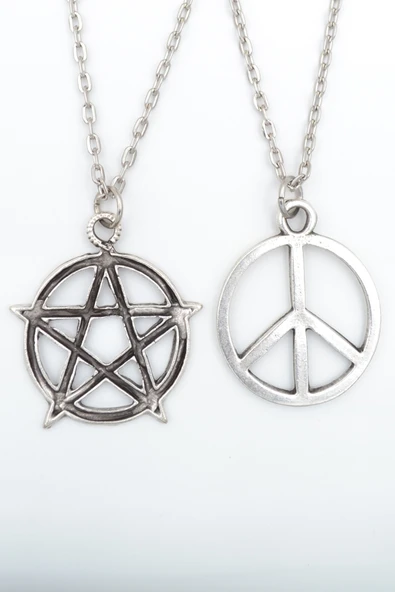 2'li Pentagram Wicca - Barış İşareti Peace Gümüş Kaplama Kolye Seti ürün görseli 1