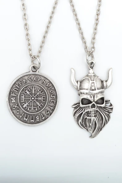 2'li Viking Sakallı Kuru Kafa - Viking Pusula Gümüş Kaplama Kolye Seti ürün görseli 1