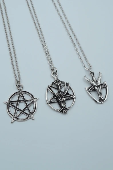 3'lüPentagram Pagan - Keçi Şeytan Gümüş Kaplama Kolye Seti ürün görseli 1