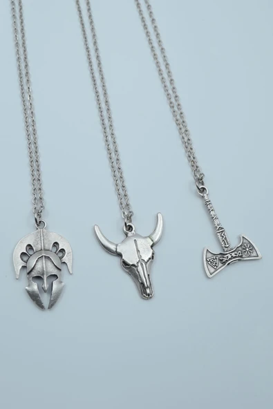 3'lü Viking Balta Buffalo - Boğa Savaşçı Miğfer Gümüş Kaplama Kolye Seti ürün görseli 1