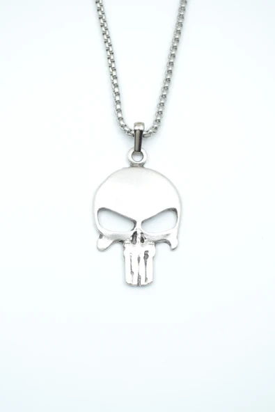 Punisher Cezalandırıcı Gümüş Kaplama Örme Zincir Kolye ürün görseli 1