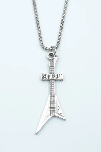 Pentagram Elektro Gitar Gümüş Kaplama Örme Zincir Kolye ürün görseli 1