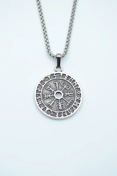 Vegvisir Pusula - Viking Sembol Gümüş Kaplama Örme Zincir Kolye ürün görseli 1