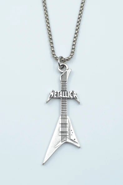 Metallica Elektro Gitar Gümüş Kaplama Örme Zincir Kolye ürün görseli 1