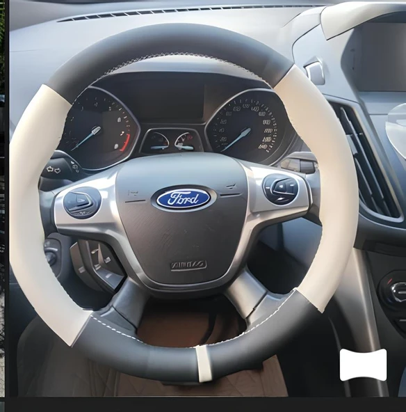 DİKİŞLİ DİREKSİYON KILIFI SİYAH BEJ DERİ BEJ YÜZÜK / DİKİŞLİ FORD FOCUS İÇİN ürün görseli 1