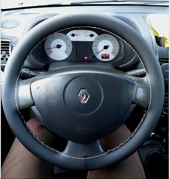 DİKİŞLİ DİREKSİYON KILIFI NOKTALI DERİ GRİ DİKİŞLİ RENAULT CLİO 2007 SONRASI İÇİN ürün görseli 1