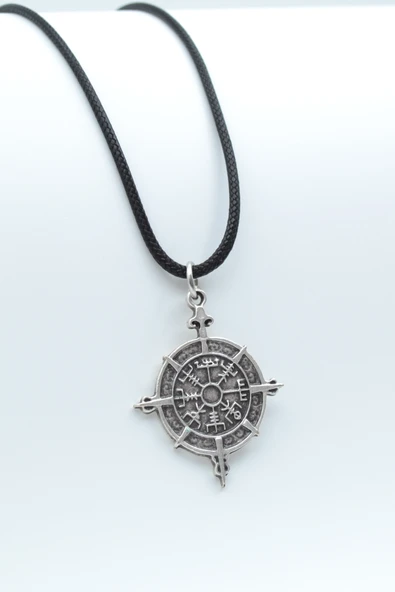 Viking Vegvisir Pusula  Gümüş Kaplama Deri İp Kolye ürün görseli 1