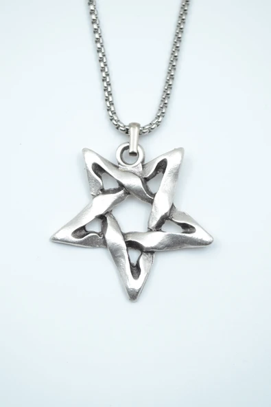 Pentagram Gümüş Kaplama Örme Zincir Kolye ürün görseli 1