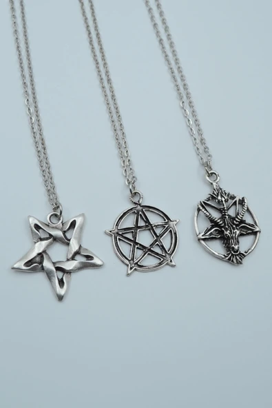 3'lü Pentagram Ters Pentagram Keçi Kafası Gümüş Kaplama Kolye Seti ürün görseli 1