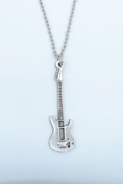Elektro Gitar Gümüş Kaplama Düz Zincir Kolye ürün görseli 1