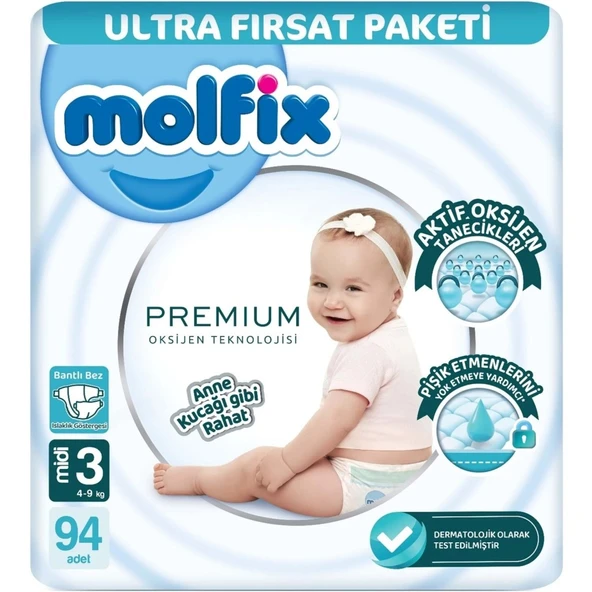 Nessiworld Molfix Premium Bebek Bezi Ultra Fırsat Paketi 3 Beden 4-9 Kg 94 Adet ürün görseli 1