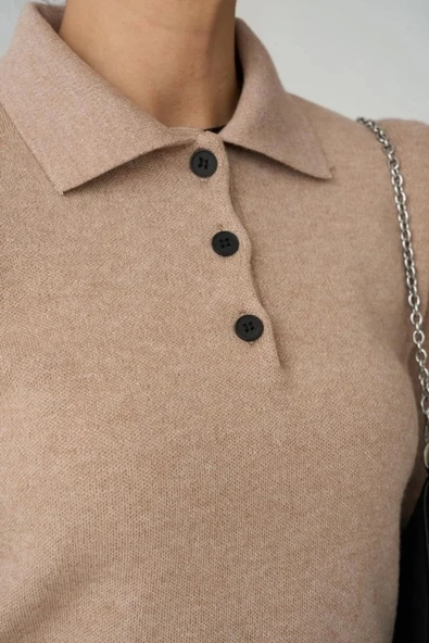 Polo Yaka 3 Düğmeli Kazak - Camel - Resim 5