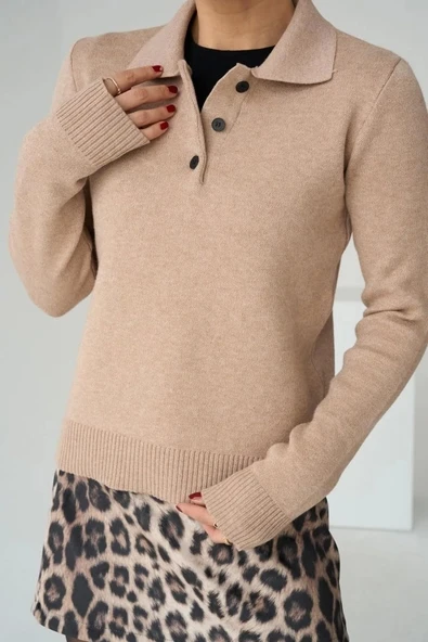 Polo Yaka 3 Düğmeli Kazak - Camel ürün görseli 1