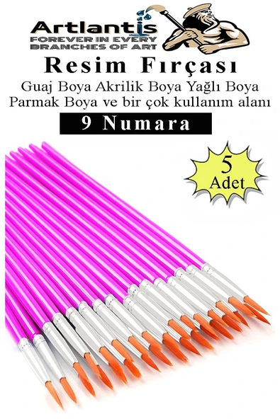 Resim Fırçası 9 Numara 5 Adet Yuvarlak Uçlu Sentetik Resim Fırça Ekonomik Suluboya Akrilik Boya Guaj Boya Yağlı Boya ürün görseli 1