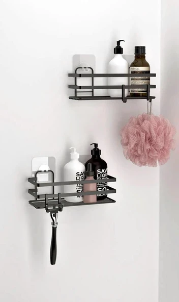 Banyo Düzenleyici Yapışkanlı Metal Banyo Rafı İkili Duş Rafı Organizer Şampuanlık Mat Siyah-GNRL281 ürün görseli 1