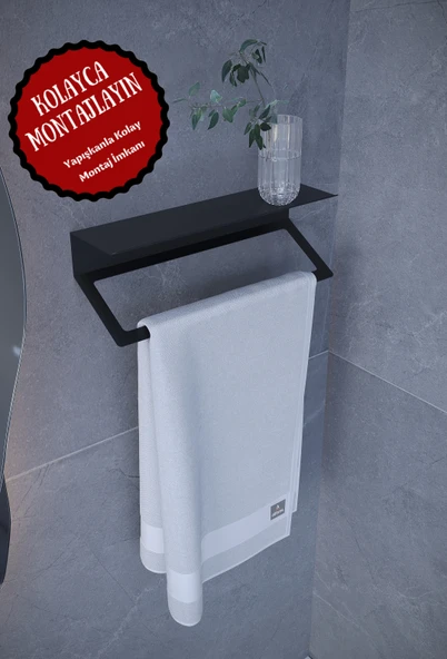 Metal Raflı, Stantlı, Organizer Havlu Askısı Ultra Güçlü Yapışkanlı Siyah ürün görseli 1