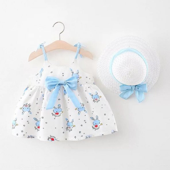 Kız Çocuk Bebek Şapkalı Mavi Star Rabbit Elbise ürün görseli 1