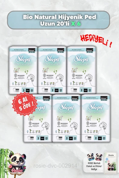 Sleepy 6 AL 5 ÖDE Bio Natural Hijyenik Ped Uzun 20'li ve Rosie ürün görseli 1