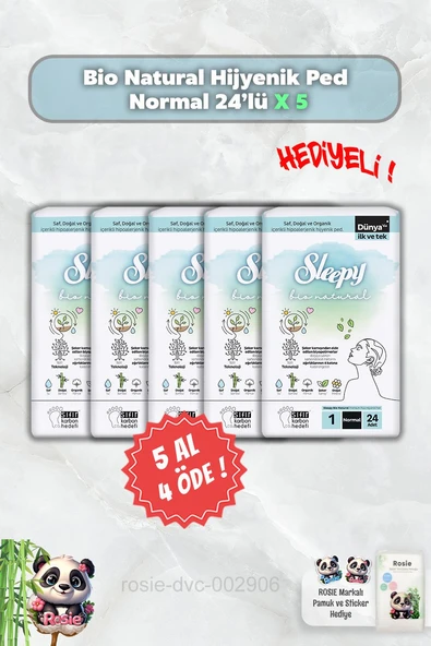 5 AL 4 ÖDE Sleepy Bio Natural Hijyenik Ped Normal 24'lü ve Rosie ürün görseli 1