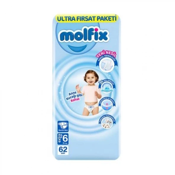 Molfix Bebek Bezi Ultra Fırsat Paketi 6 Beden 15+ Kg 62 Adet ürün görseli 1