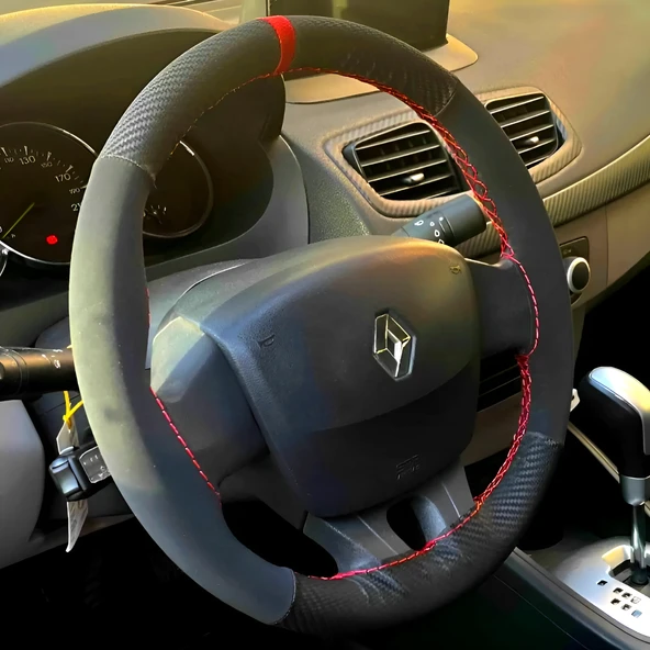 DİKİŞLİ DİREKSİYON KILIFI KARBON NUBUK DERİ KIRMIZI YÜZÜK / DİKİŞLİ RENAULT FLUENCE İÇİN ürün görseli 1