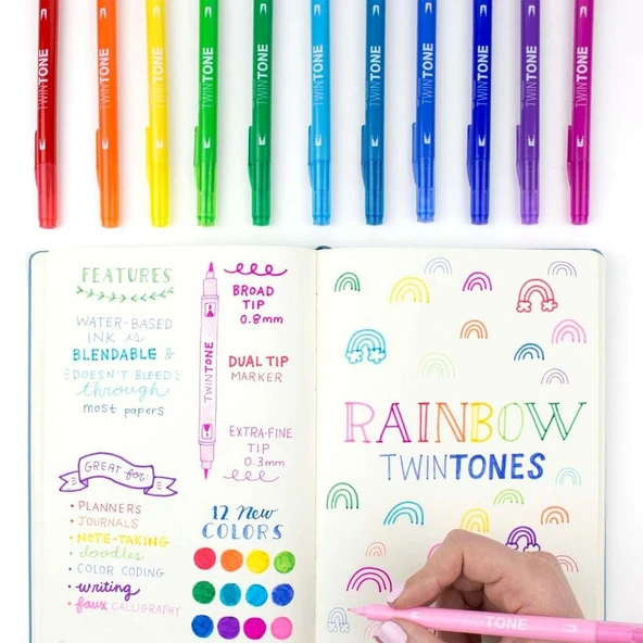 Tombow Twintone 12'li Çift Taraflı Markör - Rainbow - Resim 3
