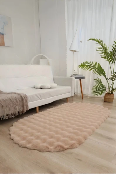Bubble Oval Yumuşak Peluş Kaymaz Salon Oturma Odası Balkon Halısı Yolluk Bej ürün görseli 1