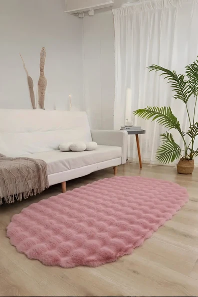 Bubble Oval Yumuşak Peluş Kaymaz Salon Oturma Odası Balkon Halısı Yolluk Pembe ürün görseli 1
