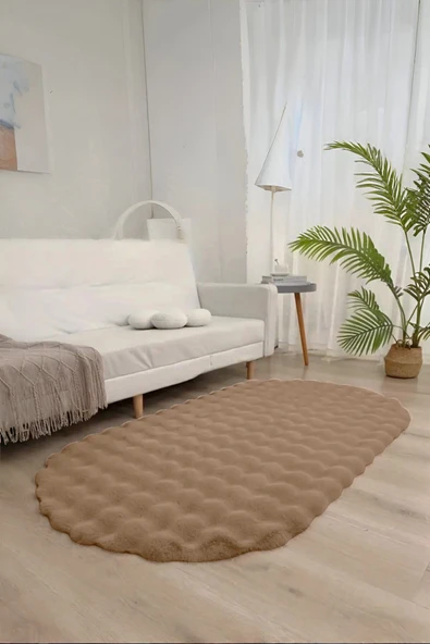 Bubble Oval Yumuşak Peluş Kaymaz Salon Oturma Odası Balkon Halısı Yolluk Vizon ürün görseli 1
