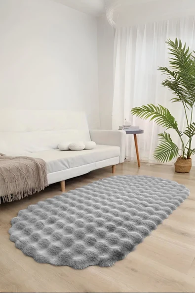Bubble Oval Yumuşak Peluş Kaymaz Salon Oturma Odası Balkon Halısı Yolluk Gri ürün görseli 1