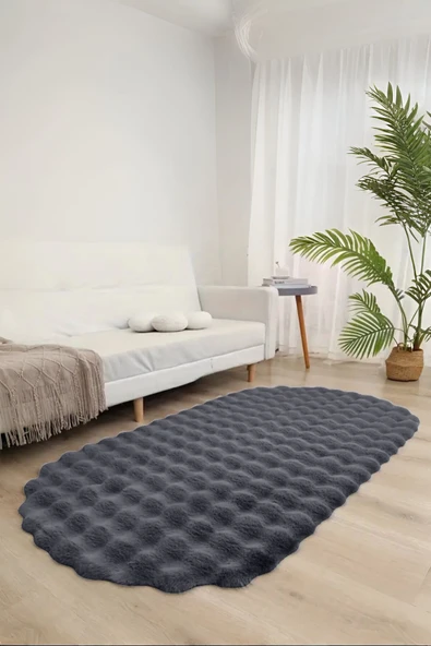 Bubble Oval Yumuşak Peluş Kaymaz Salon Oturma Odası Balkon Halısı Yolluk Antrasit ürün görseli 1