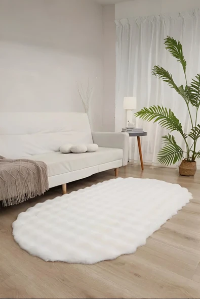 Bubble Oval Yumuşak Peluş Kaymaz Salon Oturma Odası Balkon Halısı Yolluk Krem ürün görseli 1