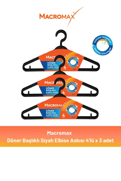 Macromax Döner Başlıklı Elbise Askısı Siyah 4'lü x 3 Adet ürün görseli 1