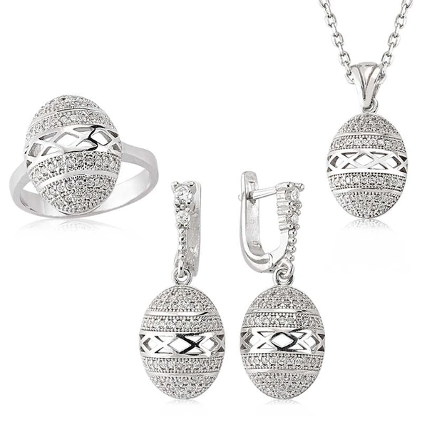 Gümüş Zirkon Taşlı Oval Bayan Set - Resim 3