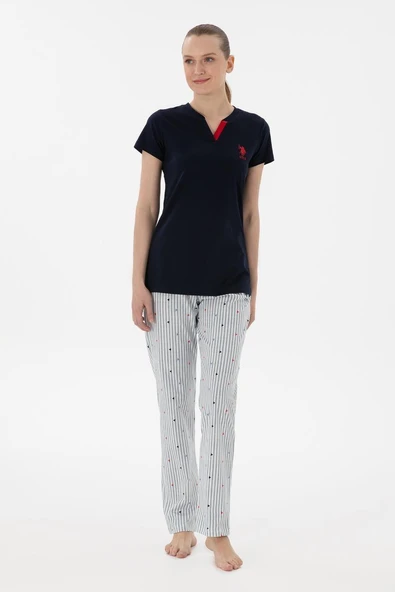 U.S. Polo Assn. Kadın V Yaka Yarım Kollu Patlı Çizgili Pijama Takım ürün görseli 1
