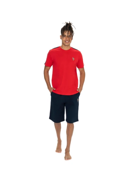 U.S. Polo Assn. Erkek Kırmızı Bisiklet Yaka Kısa Kollu Şortlu %100 Pamuklu Pijama Takım (Çorap Hediyeli) ürün görseli 1