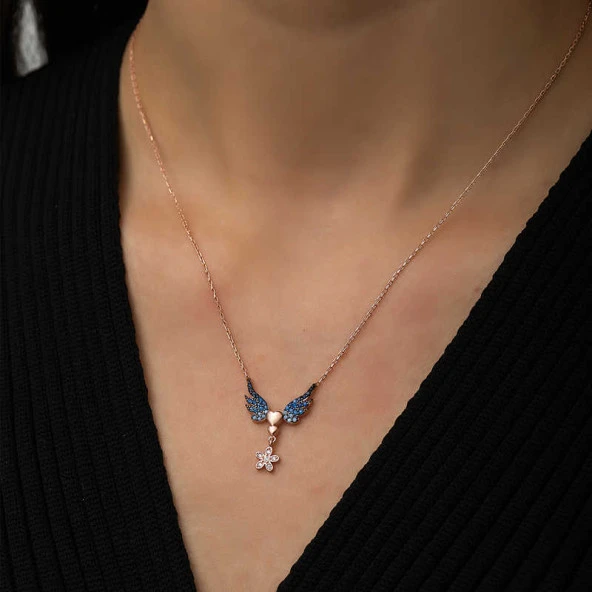 Gümüş Rose Çiçekli Kanatlı Kalpli Kolye - Resim 6