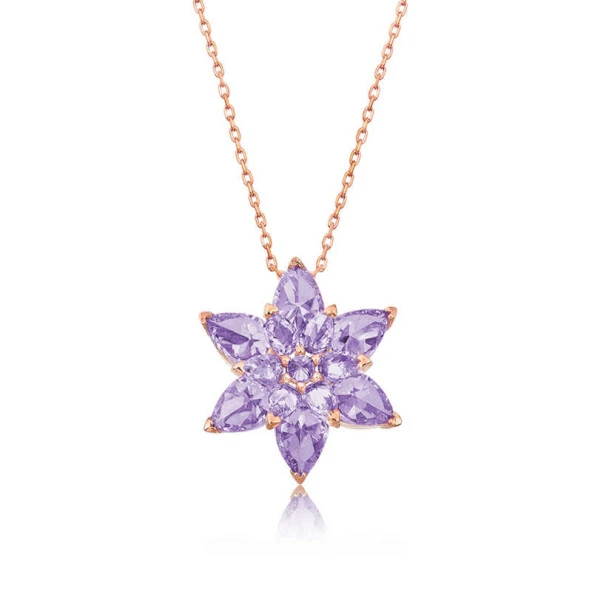 Gümüş Rose Lila Lotus Çiçeği Kolye - Resim 2
