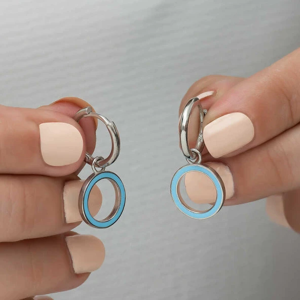 Gümüş Fosforlu Mavi Oval Küpe - Resim 3