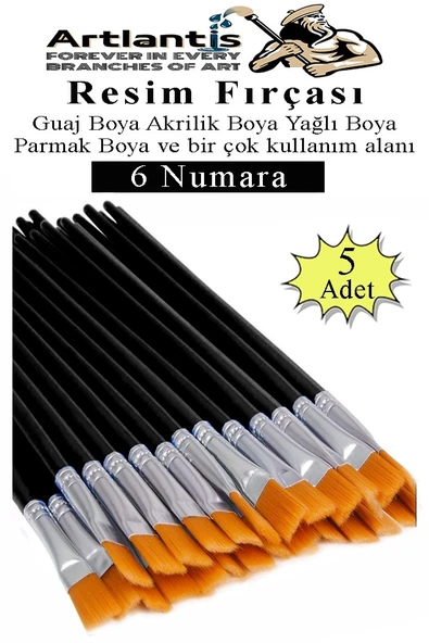 Resim Fırçası 6 Numara 5 Adet Yassı Uçlu Sentetik Resim Fırça Ekonomik Suluboya Akrilik Boya Guaj Boya Yağlı Boya ürün görseli 1