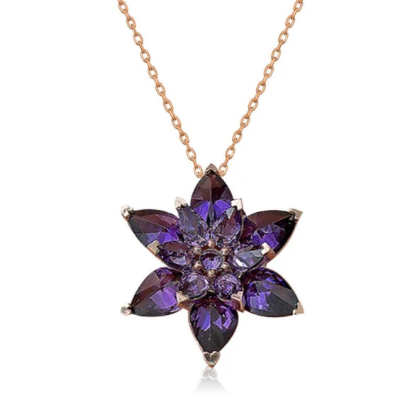 Gümüş Rose Mor Lotus Çiçeği Kolye - Resim 5