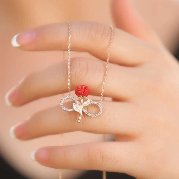 Gümüş Rose Sonsuz Gül Bayan Kolye - Resim 9