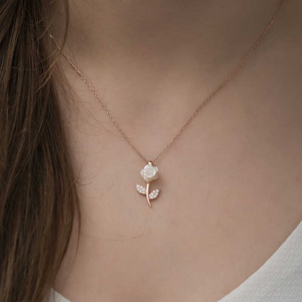 Gümüş Rose Beyaz Gül Kolye - Resim 3