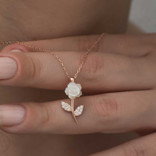 Gümüş Rose Beyaz Gül Kolye - Resim 5