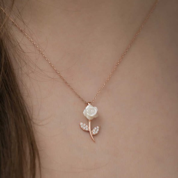 Gümüş Rose Beyaz Gül Kolye - Resim 8