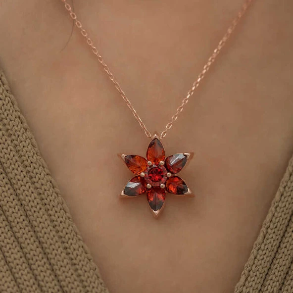 Gümüş Rose Kırmızı Çiçek Kolye ürün görseli 1