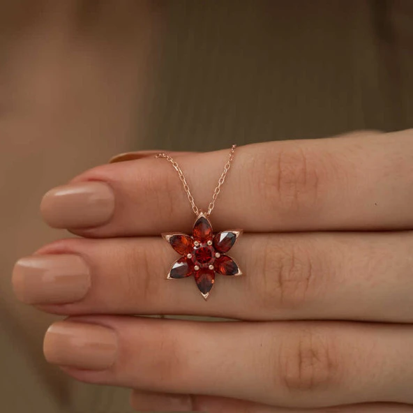Gümüş Rose Kırmızı Çiçek Kolye - Resim 9
