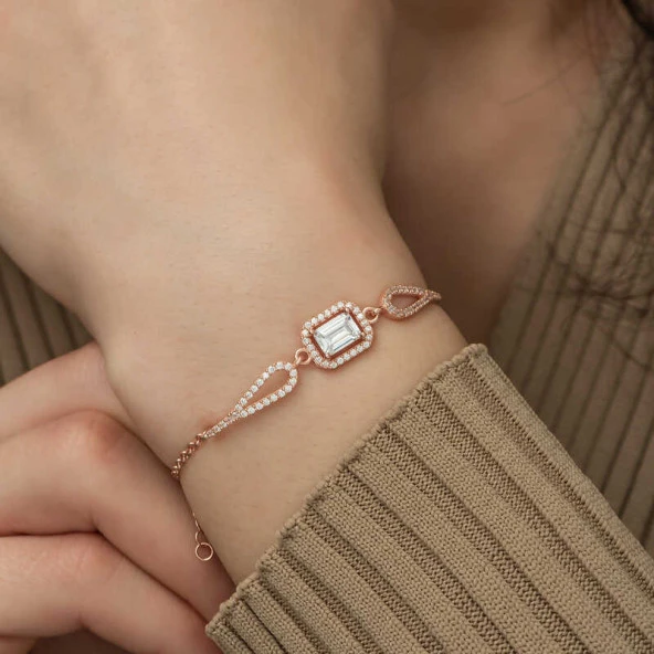 Gümüş Rose Dikdörtgen Baget Bileklik - Resim 4